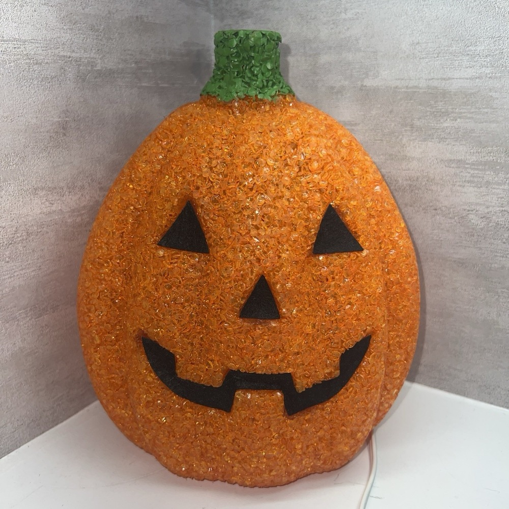 Vintage Seasons Halloween Light Up Pumpkin 9" Melted Plastic Popcorn Green Stem